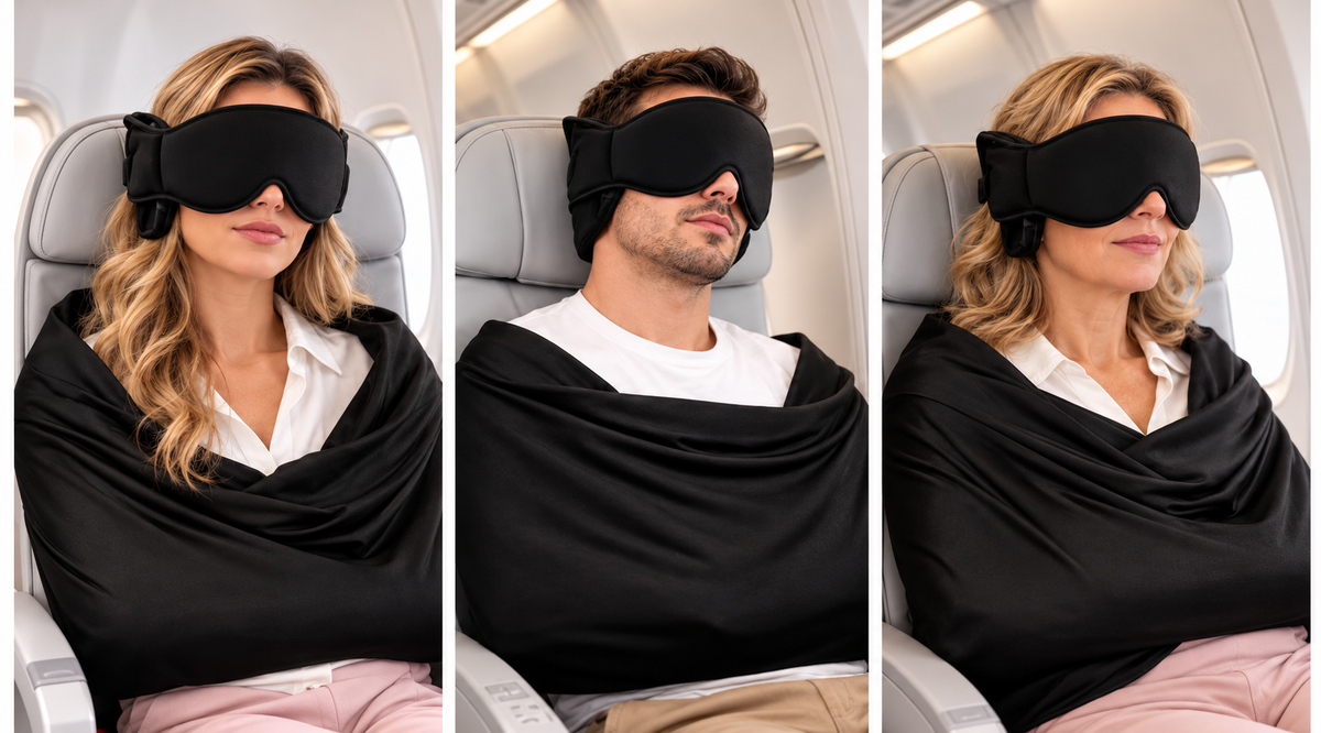 Travelers sleeping upright on a plane with Getpuffsy