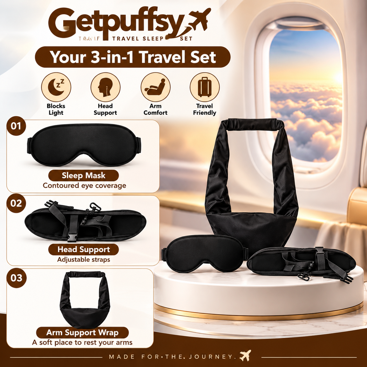 What's in the Getpuffsy 3-in-1 travel set: sleep mask, head support, arm wrap