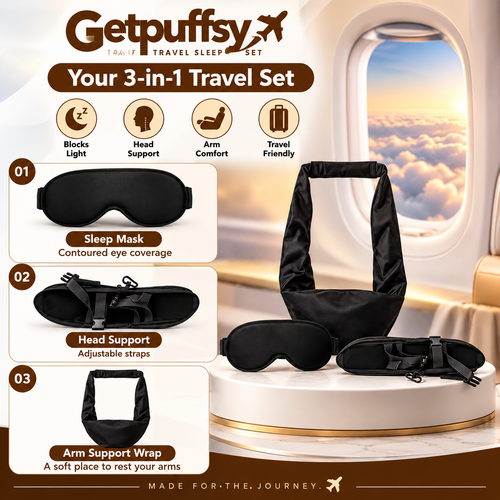 What's in the Getpuffsy 3-in-1 travel set: sleep mask, head support, arm wrap